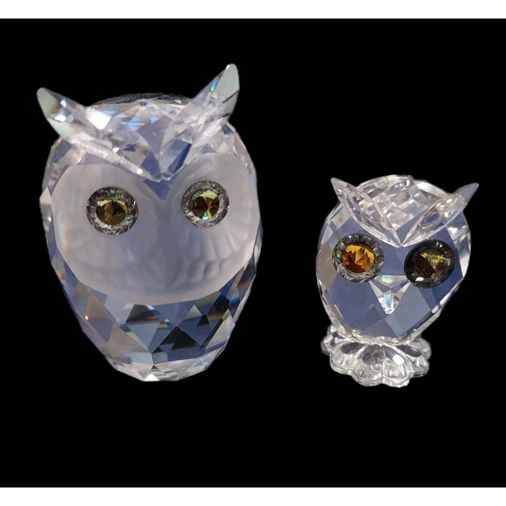Swarovski Crystal Owls Retired Woodland Large 2" Small 1.5" Jewel Eyes Set Of 2 - Picture 2 of 15